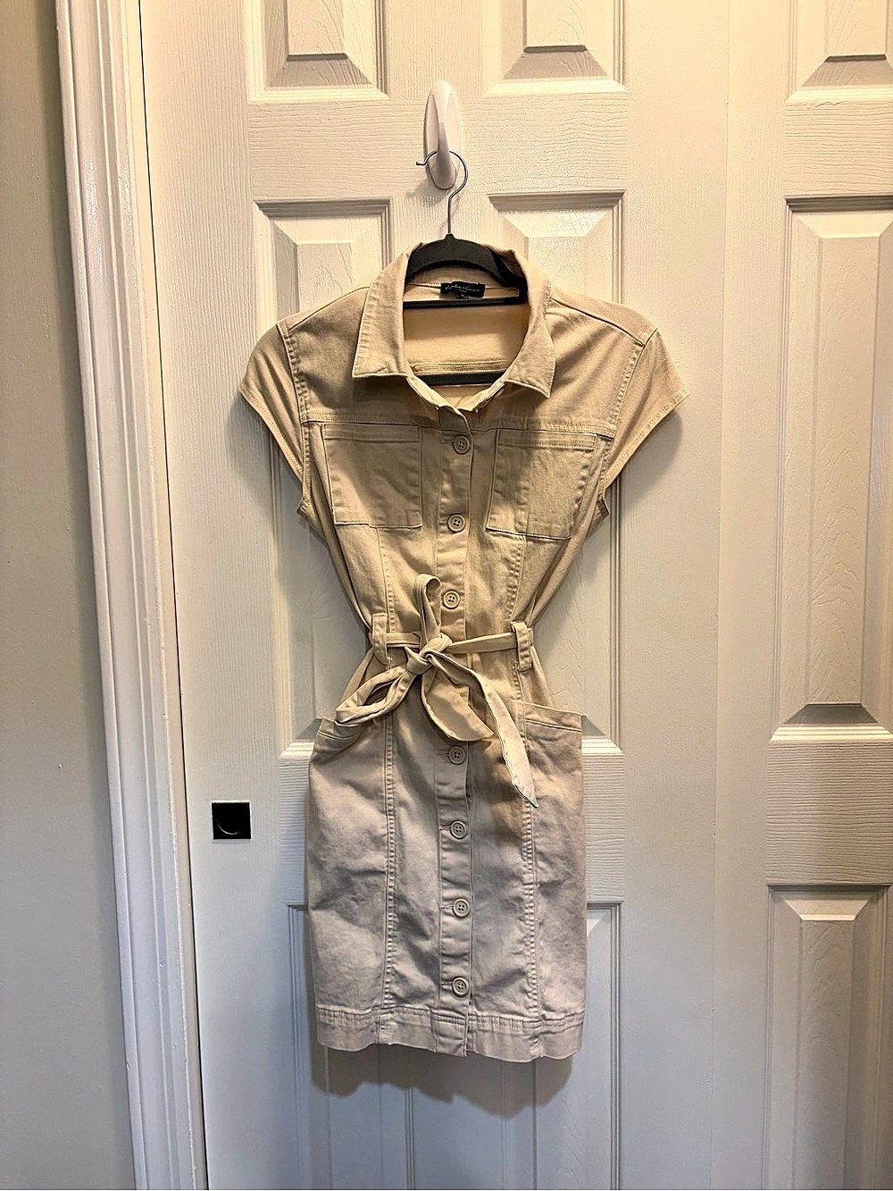 Beige Cargo Button-Front Tie-Waist Mini Dress